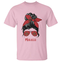 Morocco Girl Messy Bun with Flag Sunglasses T Shirt Proud Moroccan Woman Heritage