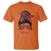 Morocco Girl Messy Bun with Flag Sunglasses T Shirt Proud Moroccan Woman Heritage