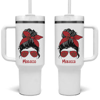 Morocco Girl Messy Bun with Flag Sunglasses Tumbler With Handle Proud Moroccan Woman Heritage