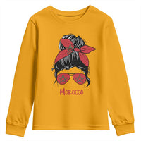 Morocco Girl Messy Bun with Flag Sunglasses Youth Sweatshirt Proud Moroccan Woman Heritage