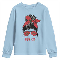 Morocco Girl Messy Bun with Flag Sunglasses Youth Sweatshirt Proud Moroccan Woman Heritage