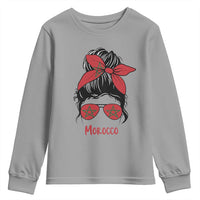 Morocco Girl Messy Bun with Flag Sunglasses Youth Sweatshirt Proud Moroccan Woman Heritage