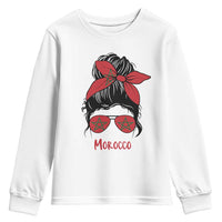 Morocco Girl Messy Bun with Flag Sunglasses Youth Sweatshirt Proud Moroccan Woman Heritage