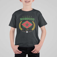 Morocco Football Laurel Wreath Crest Graphic T Shirt For Kid Proud Moroccan Soccer Star Emblem Sports Fans