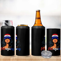 Proud Paraguayan Woman Melanin Curls Afro Latina 4 in 1 Can Cooler Tumbler Paraguay Flag Roots Hispanic Heritage Pride
