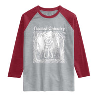 Heated Chivalry Kissing Knights Raglan Shirt Romantic Funny Medieval Woodcut Fantasy Folklore Graphic