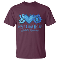 Peace Love Cure Blue Ribbon Sunflower Diabetes Awareness T Shirt - Wonder Print Shop