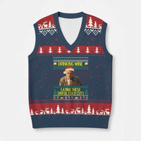 Funny Ed Gein Christmas Meme V-Neck Knit Sweater Vest Drinking Wine Eating This Sinful Cold Cuts Viral Scene - Wonder Print Shop