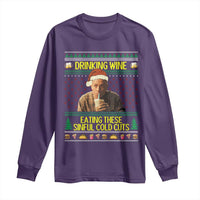 Funny Ed Gein Christmas Meme Long Sleeve Shirt Drinking Wine Eating This Sinful Cold Cuts Viral Scene - Wonder Print Shop