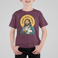 Guess Who is Back Funny Christian Easter T Shirt For Kid Winking Jesus with Lamb Cute Resurrection Humor Gift