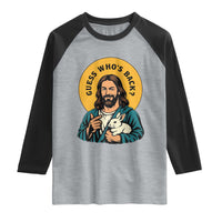 Guess Who is Back Funny Christian Easter Raglan Shirt Winking Jesus with Lamb Cute Resurrection Humor Gift