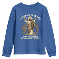 Coming Out Of My Cave Christian Easter Youth Sweatshirt Risen Jesus Tomb Scene Inspirational Faith Message Gift