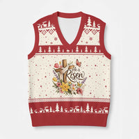He Is Risen Floral Cross Christian Easter V-Neck Knit Sweater Vest Spring Flowers Butterfly Faith Inspirational Gift