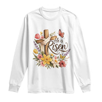 He Is Risen Floral Cross Christian Easter Long Sleeve Shirt Spring Flowers Butterfly Faith Inspirational Gift