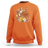 He Is Risen Floral Cross Christian Easter Sweatshirt Spring Flowers Butterfly Faith Inspirational Gift