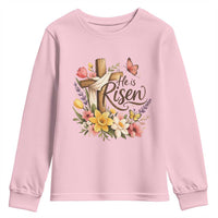 He Is Risen Floral Cross Christian Easter Youth Sweatshirt Spring Flowers Butterfly Faith Inspirational Gift