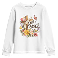 He Is Risen Floral Cross Christian Easter Youth Sweatshirt Spring Flowers Butterfly Faith Inspirational Gift