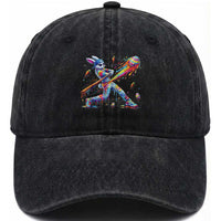 Cool Easter Bunny Baseball Player Neon Paint Splash Graphic Washed Cotton Baseball Cap Funny Rabbit Sports with Egg Bat Hit Gift