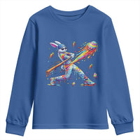 Cool Easter Bunny Baseball Player Neon Paint Splash Graphic Youth Sweatshirt Funny Rabbit Sports with Egg Bat Hit Gift