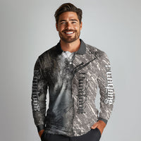 Hunting Rifle Long Sleeve Polo Shirt Grunge Wilderness Marsh Scene with Rustic Outdoor