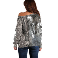 Hunting Rifle Off Shoulder Sweater Grunge Wilderness Marsh Scene with Rustic Outdoor