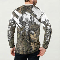 Deer Skull Hunting Button Sweatshirt Camo Forest Grunge Buck Skull Crossed Rifles Target