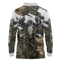 Deer Skull Hunting Long Sleeve Polo Shirt Camo Forest Grunge Buck Skull Crossed Rifles Target