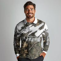 Deer Skull Hunting Long Sleeve Polo Shirt Camo Forest Grunge Buck Skull Crossed Rifles Target