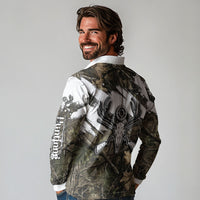 Deer Skull Hunting Long Sleeve Polo Shirt Camo Forest Grunge Buck Skull Crossed Rifles Target