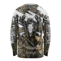 Deer Skull Hunting Long Sleeve Shirt Camo Forest Grunge Buck Skull Crossed Rifles Target