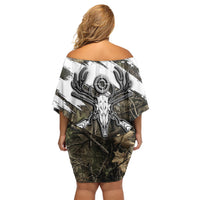 Deer Skull Hunting Off Shoulder Short Dress Camo Forest Grunge Buck Skull Crossed Rifles Target