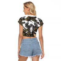 Deer Skull Hunting Raglan Cropped T Shirt Camo Forest Grunge Buck Skull Crossed Rifles Target
