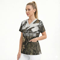 Deer Skull Hunting Scrub Top Camo Forest Grunge Buck Skull Crossed Rifles Target