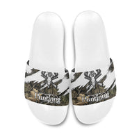 Deer Skull Hunting Slide Sandals Camo Forest Grunge Buck Skull Crossed Rifles Target