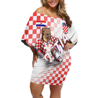 Personalized Croatia Soccer 2026 Off Shoulder Short Dress Funa Zlatica Football Mascot - Sahovnica Croatian Checkerboard