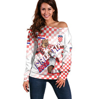 Personalized Croatia Soccer 2026 Off Shoulder Sweater Funa Zlatica Football Mascot - Sahovnica Croatian Checkerboard