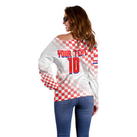 Personalized Croatia Soccer 2026 Off Shoulder Sweater Funa Zlatica Football Mascot - Sahovnica Croatian Checkerboard