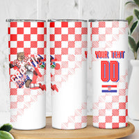 Personalized Croatia Soccer 2026 Skinny Tumbler Funa Zlatica Football Mascot - Sahovnica Croatian Checkerboard