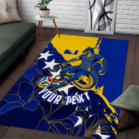 Personalized Bosnia And Herzegovina Football Dragon Mascot Area Rug Balkan Soccer Design With Floral Line Art