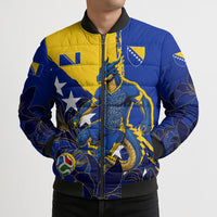 Personalized Bosnia And Herzegovina Football Dragon Mascot Bomber Puffer Jacket Balkan Soccer Design With Floral Line Art