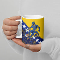 Personalized Bosnia And Herzegovina Football Dragon Mascot Ceramic Mug Balkan Soccer Design With Floral Line Art