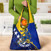 Personalized Bosnia And Herzegovina Football Dragon Mascot Grocery Bag Balkan Soccer Design With Floral Line Art