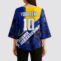 Personalized Bosnia And Herzegovina Football Dragon Mascot Kimono Sleeve Blouse Balkan Soccer Design With Floral Line Art