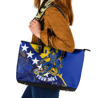 Personalized Bosnia And Herzegovina Football Dragon Mascot Leather Tote Bag Balkan Soccer Design With Floral Line Art