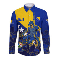 Personalized Bosnia And Herzegovina Football Dragon Mascot Long Sleeve Button Shirt Balkan Soccer Design With Floral Line Art