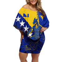 Personalized Bosnia And Herzegovina Football Dragon Mascot Off Shoulder Short Dress Balkan Soccer Design With Floral Line Art