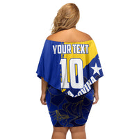 Personalized Bosnia And Herzegovina Football Dragon Mascot Off Shoulder Short Dress Balkan Soccer Design With Floral Line Art