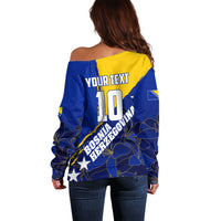 Personalized Bosnia And Herzegovina Football Dragon Mascot Off Shoulder Sweater Balkan Soccer Design With Floral Line Art