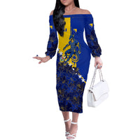 Personalized Bosnia And Herzegovina Football Dragon Mascot Off The Shoulder Long Sleeve Dress Balkan Soccer Design With Floral Line Art
