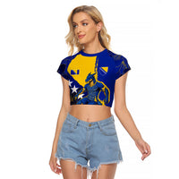 Personalized Bosnia And Herzegovina Football Dragon Mascot Raglan Cropped T Shirt Balkan Soccer Design With Floral Line Art